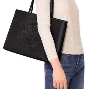 Tory Burch Perforated-logo Black Leather Tote